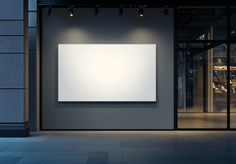 Large empty poster frame mockup illuminated on a modern dark wall with spotlights, perfect for branding and advertising