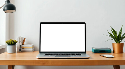 Mockup of a laptop with a blank white screen, placed on a home office desk, suitable for displaying websites or designs.