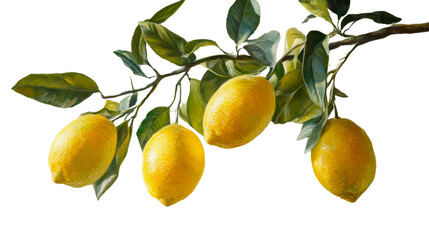 Four lemons hanging from a tree branch
