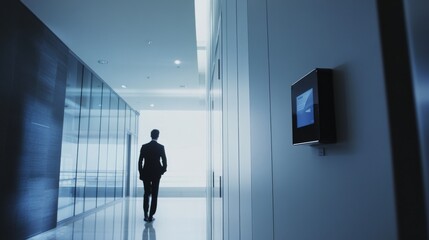 Thief alert in a corporate building with an employee monitoring the alarm system. Featuring technology and quick detection