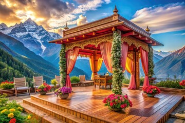 Fototapeta premium A breathtaking Himalayan backdrop sets the scene for a rustic Himachal Pradesh wedding, stunning decor adorning the mountain venue.