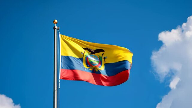 National flag of ecuador waving on blue sky, banner on the wind