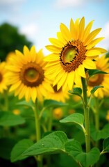 vibrant sunflowers blooming under bright blue sky. lush green leaves surround the golden yellow petals. summer nature scene. gardening, floral background, seasonal design.
