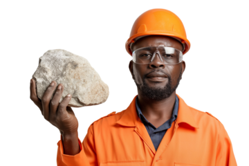 Bold middle-aged Nigerian male geologist holding rock sample isolated on transparent white background