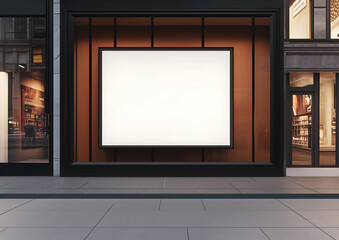 Large empty poster frame mockup on the exterior of a stylish boutique with warm lighting and modern wooden paneling