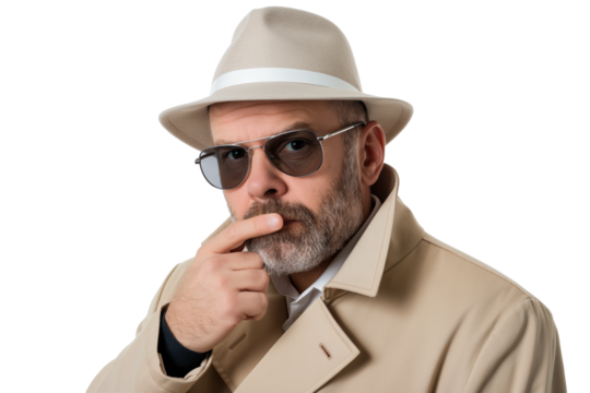 Skeptical middle-aged  male detective squinting isolated on transparent white background