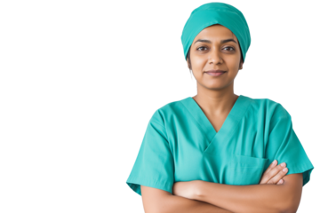 Focused middle-aged Indian female surgeon doctor in scrubs isolated on transparent white background