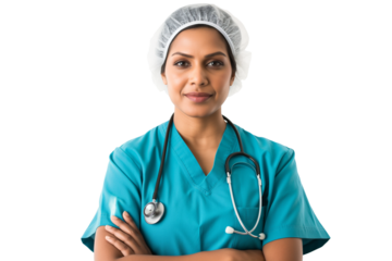 Focused middle-aged Indian female surgeon doctor in scrubs isolated on transparent white background