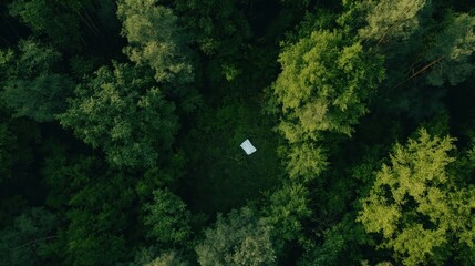 Aerial drone shot of dense green forest canopy