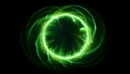 Abstract green lightning circle on dark backdrop. Mysterious shape.