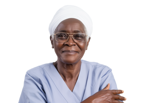Warm elderly Ghanaian female doctor isolated on transparent white background