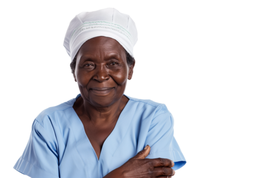 Warm elderly Ghanaian female doctor isolated on transparent white background - Powered by Adobe