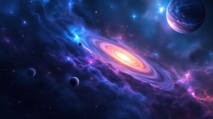 A stunning, ultra-realistic view of deep space featuring a detailed nebula with rich blue and purple hues, glowing stars, and a distant spiral galaxy