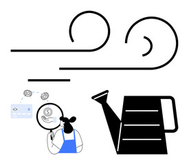 Businesswoman examining financial growth symbolized by magnifying glass, abstract wind representing progress, and watering can for nurturing. Ideal for business growth, investment, financial