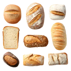 Fotobehang Assortment of fresh baked artisan breads, including loaves, rolls, and sliced bread on a white surface. © Felippe Lopes