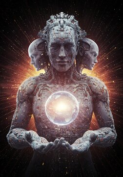  A celestial digital god with fractal patterns and glowing data streams, holding a virtual galaxy. Its form shifts between human, alien, and robotic.