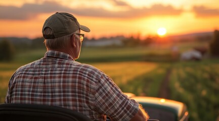 Sunset view of farmer on tractor in vineyard landscape