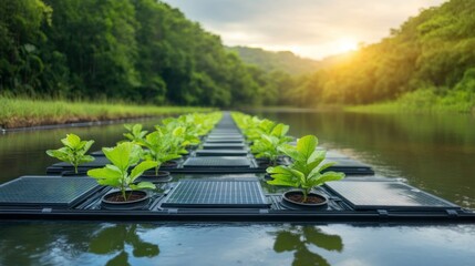 Innovative floating solar farm river agriculture serenity aerial view sustainable energy solutions