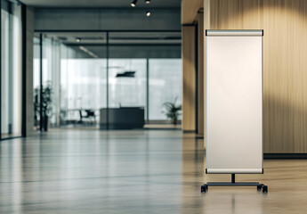 Blank roll-up banner mockup standing in a contemporary office space with glass partitions, ideal for corporate branding and business presentations
