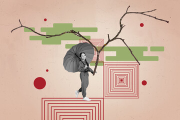Template sketch trend artwork 3D photo collage of young age girl walk hand hold umbrella tree...