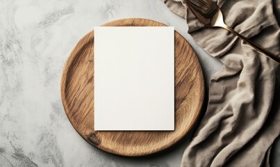 White blank menu on a wooden plate, top view mockup with a brown napkin on a gray background, flat lay