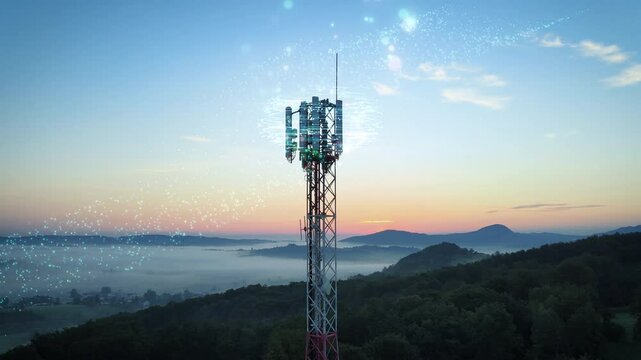 Modern communication tower dispersing digital data particles in the soft glow of the blue hour, set against a breathtaking mountain landscape. Symbolizing advanced connectivity, wireless technology