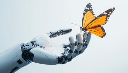 Futuristic concept of artificial intelligence and nature with a robotic hand gently holding a monarch butterfly against a light background