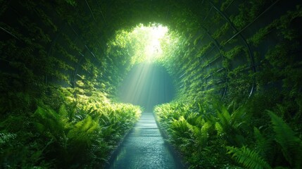 Serene pathway through lush green tunnel enchanted forest nature tranquil environment captivating viewpoint