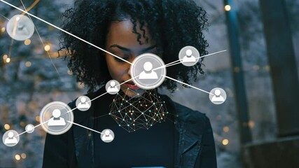 Exploring global connections through technology with a biracial woman using a smartphone, network of connections and globe over biracial woman using smartphone - Powered by Adobe