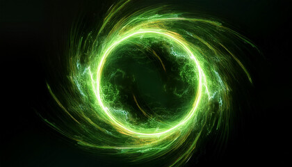 Naklejka premium Abstract green lightning circle on dark backdrop. Mysterious shape.