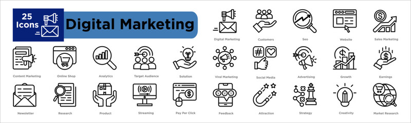 digital marketing icon collection set. Containing digital marketing,customers,seo,website,sales marketing,content marketing icon. Simple line vector.