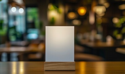 White blank menu holder with wooden base mockup on a table and blurred background of a restaurant, bar, or coffee shop for the display of events and special products