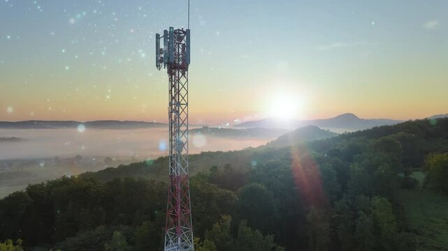 High-tech signal tower releases digital data streams in the bright sunset, located in a protected nature reserve. The fusion of advanced technology and natural landscapes