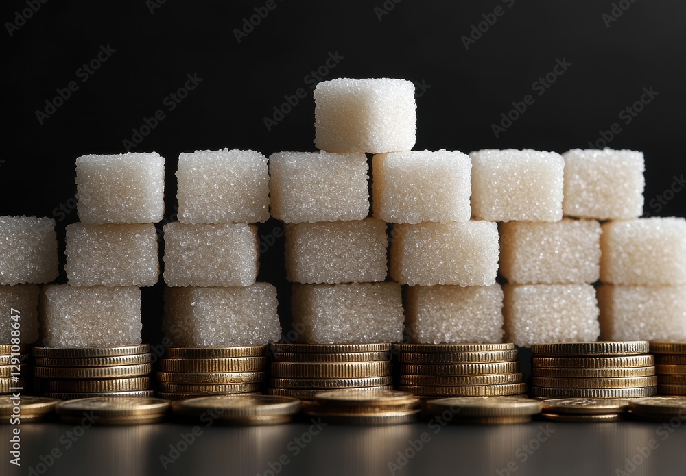 Poster a creative composition of sugar cubes stacked strategically above neat rows of golden coins on a dar