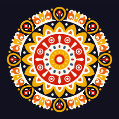 Traditional Folk Art Pattern with Decorative Ornamental Sun. A vibrant vector illustration featuring a symmetrical folk art design for Maslenitsa. Inspired by Slavic traditional motifs