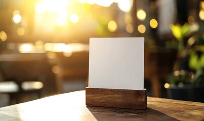 White blank menu holder with wooden base mockup on a table and blurred background of a restaurant, bar, or coffee shop for the display of events and special products