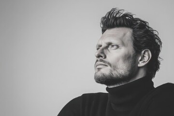 Pensive Man in Black Turtleneck A Black and White Portrait