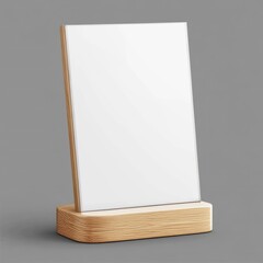 White blank menu holder with a wooden base mockup on a transparent background, no text or design in the white part of the stand, front view, simple composition.