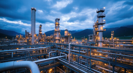 An oil and gas plant comes to life as dusk settles, with vibrant lights illuminating the intricate network of pipes and towers amid the mountains
