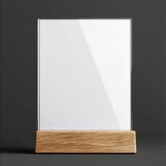 Naklejka premium White blank menu holder with a wooden base mockup on a transparent background, no text or design in the white part of the stand, front view, simple composition.