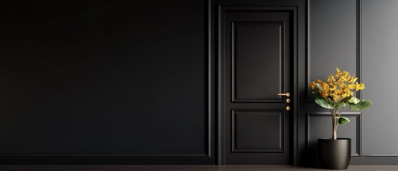 Interior design with black door and plant.