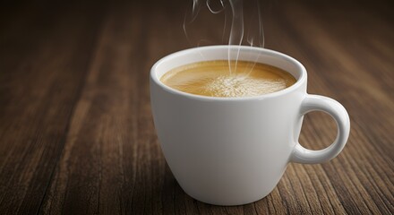 A close-up of a minimalist white ceramic coffee cup filled with steaming espresso, placed on a rustic wooden surface, soft natural lighting, ultra-detailed texture, realistic shadows