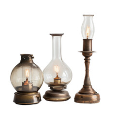Collection of vintage oil lamps showcasing unique designs and craftsmanship on a clean transparent background, Vintage Oil Lamps on transparent background