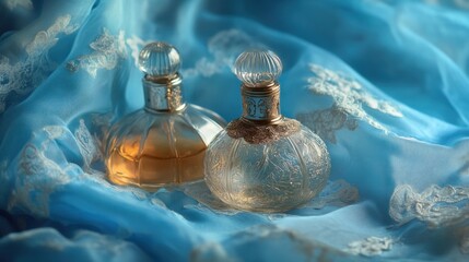 Two elegant perfume bottles on a blue silk background