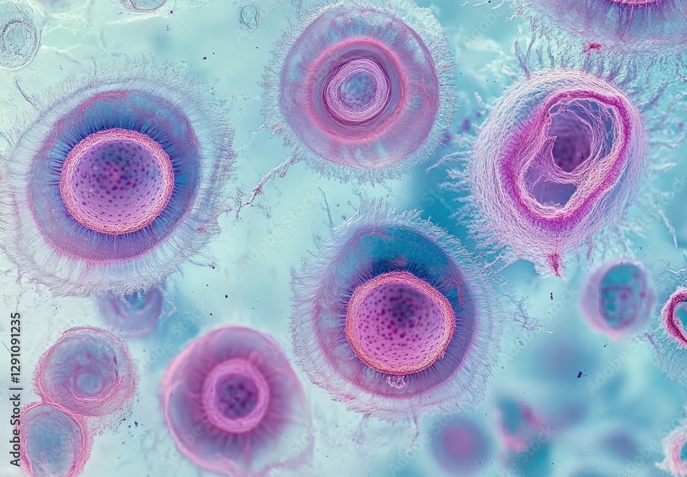 Poster abstract microscopic view of colorful cells showcasing intricate patterns in a vibrant blue and pink