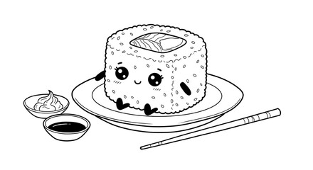 Black and white coloring book illustration, a cute sushi roll character with big eyes, sitting on a small plate with chopsticks beside it, a wasabi and soy sauce dish nearby