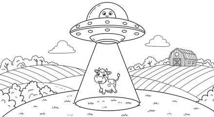 Black and white coloring book illustration, a friendly UFO hovering above the ground, beaming up a tiny cow with a happy face, rolling hills and a barn in the background