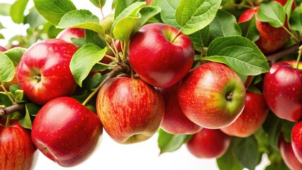 Crisp red apples, branch detail, bountiful harvest, isolated on white.