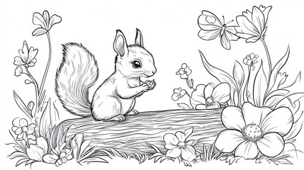Naklejka premium Cute squirrel eating nut in garden scene