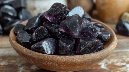 Black crystal cluster with sharp points on a textured surface in a studio setting